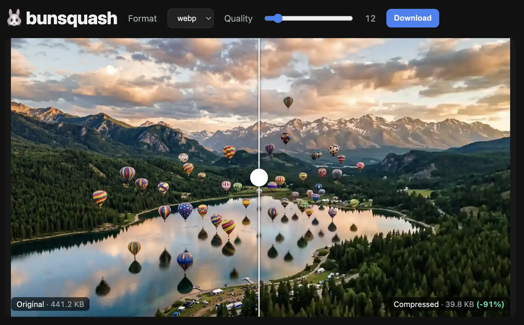 The bunsquash interface: a before/after slider over a mountain lake photo, compressing a 441.2 KB image to 39.8 KB webp at quality 12, a 91% reduction